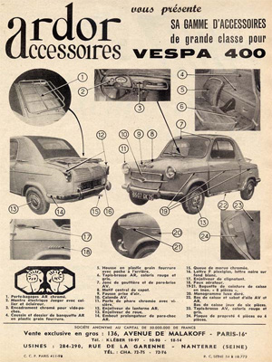 Publicité Accessoires ARDOR pour Vespa 400